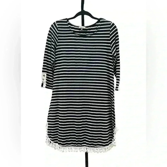 Jodifl navy and white striped soft dress with fringe hem and lace button detail. - Picture 1 of 7
